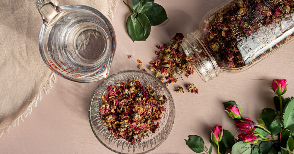 rose water Ingredient flatlay